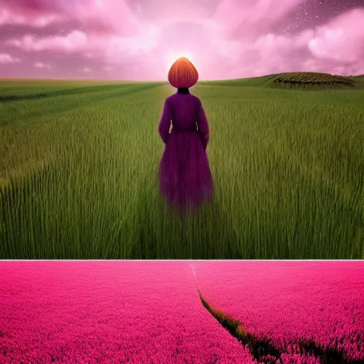 Image similar to giant pink daisy flower as a head, girl walking in wheat field, hills, surreal photography, dark night, star trails, dramatic light, impressionist painting, clouds, digital painting, artstation, simon stalenhag