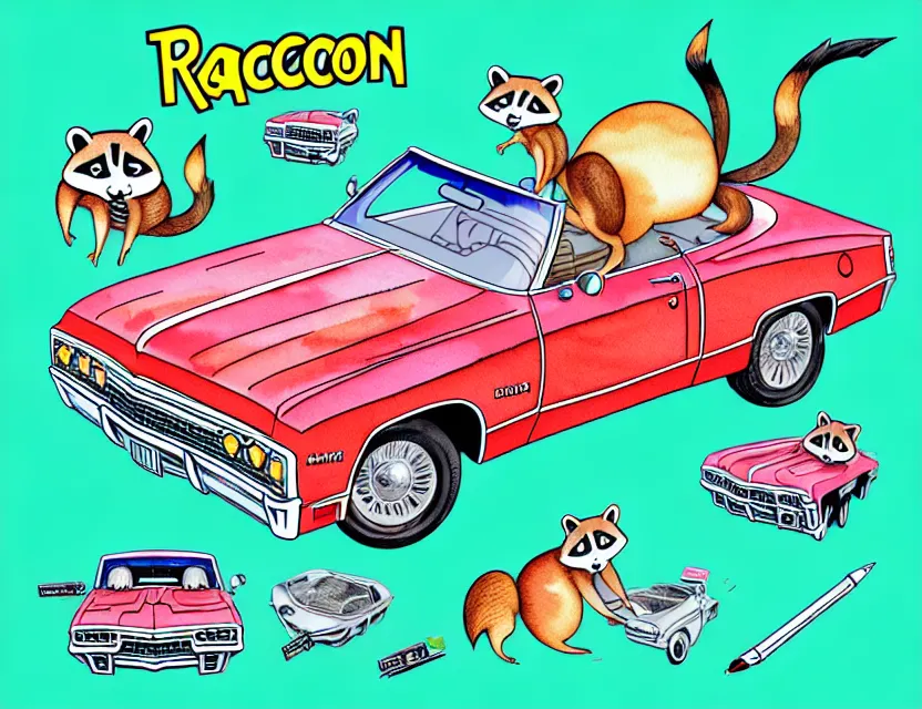 Image similar to cute and funny, racoon riding in a 1 9 6 9 chevrolet impala convertible, ratfink style by ed roth, centered award winning watercolor pen illustration, isometric illustration by chihiro iwasaki, edited by range murata, tiny details by artgerm and watercolor girl, symmetrically isometrically centered