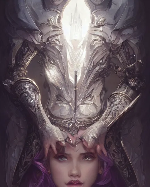 Image similar to Portrait of a Fantasy white knight, moonlit, HD, illustration, epic, D&D, fantasy, intricate, elegant, highly detailed, digital painting, artstation, concept art, smooth, sharp focus, illustration, art by artgerm and greg rutkowski and alphonse mucha, monster hunter illustrations art book