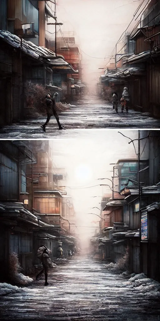 Image similar to nuclear winter, street of kyoto, near future, fantasy, sci - fi, hyper realistic, serene, morning.