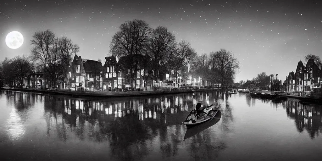 Prompt: Dutch houses along a river, silhouette!!!, Circular white full moon, black sky with stars, lit windows, stars in the sky, b&w!, Reflections on the river, a man is punting, flat!!, Front profile!!!!, high contrast, HDR, concept art, street lanterns, 1904, Style of Frank Weston, illustration