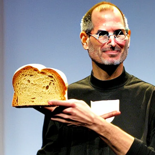 Prompt: steve jobs presenting a slice of bread at the macworld confrence in 2007, press photos