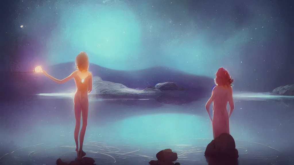 Prompt: a beautiful whimsical woman standing in a lake basking in the moonlight, underneath a multi-colored binary blackhole with an accretion disc, glowing trails following her arm, by Lois van Baarle, by Greg Rutkowski, by artgerm, by beeple, by studio ghibli, rule of thirds, cinematic angle, volumetric lighting, 4k resolution, octane render, trending on artstation, masterpiece