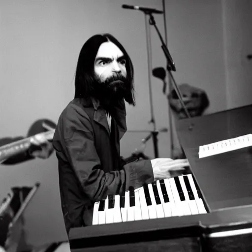 Prompt: charles manson playing keyboard with the beatles, 3 5 mm photography, realistic, detailed, uncropped, realistic face,