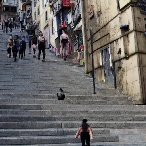 Prompt: Michael mcintyre & Jodie Marsh climbing steps in Porto, greg rutkowski