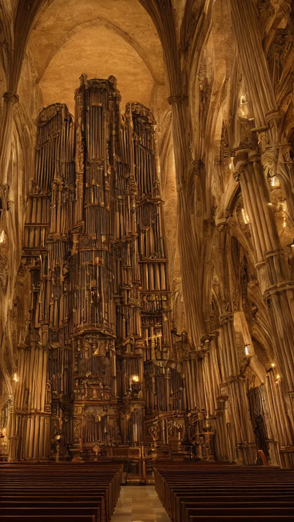 Image similar to a complex ancient pipe organ cathedral interior, 4 k, stone pews, torches, lighting, unreal engine 5 render, natural color scheme, architectural photography, f 3 2, still from movie by guillermo del toro