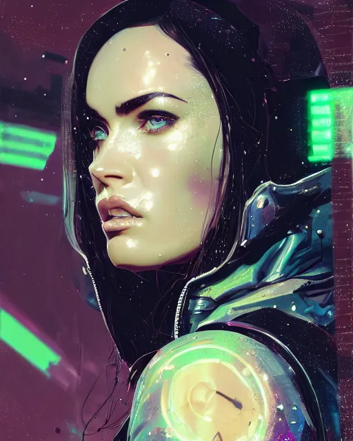 Image similar to detailed side profile portrait Megan Fox, cyberpunk futuristic neon, reflective puffy coat, decorated with traditional Japanese ornaments by Ismail inceoglu dragan bibin hans thoma greg rutkowski Alexandros Pyromallis Nekro Rene Maritte Illustrated, Perfect face, fine details, realistic shaded, fine-face, pretty face