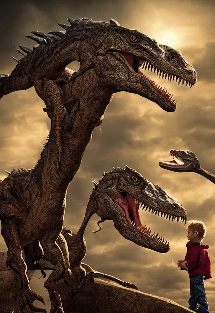 Image similar to a child looking at a velociraptor in the style of a movie poster, realistic, super detailed, cinematographic, epic lighting