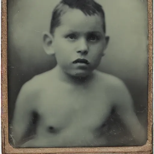 Image similar to tintype photo, swimming deep underwater, kid with huge spider