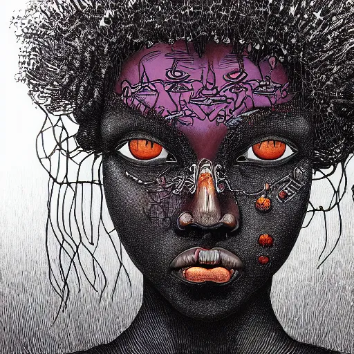 Prompt: Afrofuturism detailed aesthetic horror portrait painting titled 'Face of sadness' description 'Order of the occult princess' portrait, character design, worn, dark, manga style, extremely high detail, photo realistic, pen and ink, intricate line drawing by René Laloux, Jean Giraud, Mœbius, Moebius,