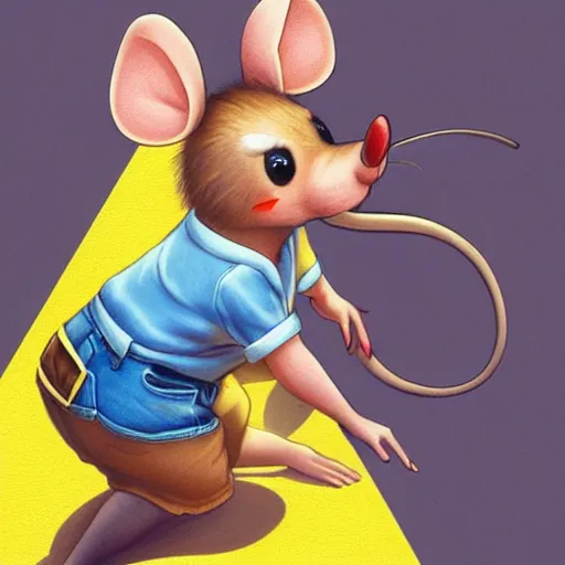 Image similar to anthropomorphic mouse wearing denim short shorts and yellow tank top, highly detailed, artgerm style, artstation, soft light, sharp focus, illustration, character design, concept art