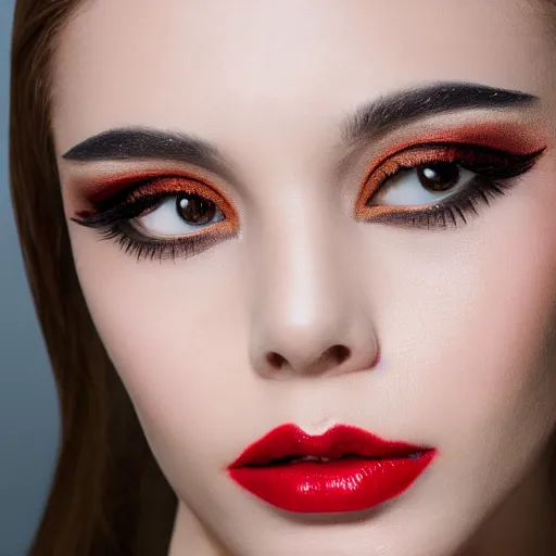 Image similar to portrait photo still of the most beautiful woman on earth, sephora, loreal, russian top model, amazing make - up, long eye lash and red high liner, 8 k, 8 5 mm f 1. 8