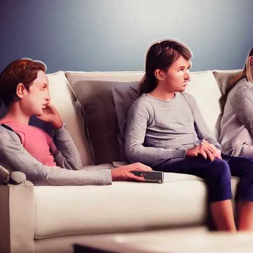 Prompt: actors mask family watching tv, britt marling style 3 / 4, 8 k, sharp focus, soft light, volumetric lighting, highly detailed realistic, refined, artstation