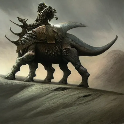 Image similar to triceratops rider in norse armor concept, beksinski