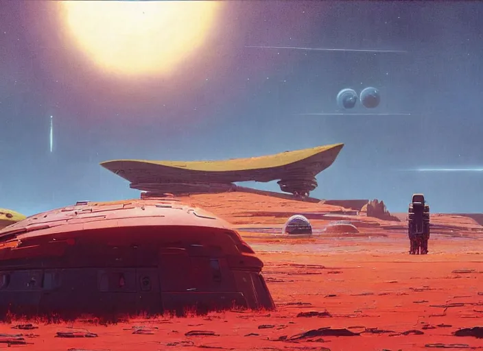 Prompt: a huge vividly - coloured spacecraft in an empty landscape by martin deschambault, dean ellis, peter elson, josan gonzalez, david a hardy, john harris, wadim kashin, angus mckie, bruce pennington, retro 1 9 3 0 s sci - fi art