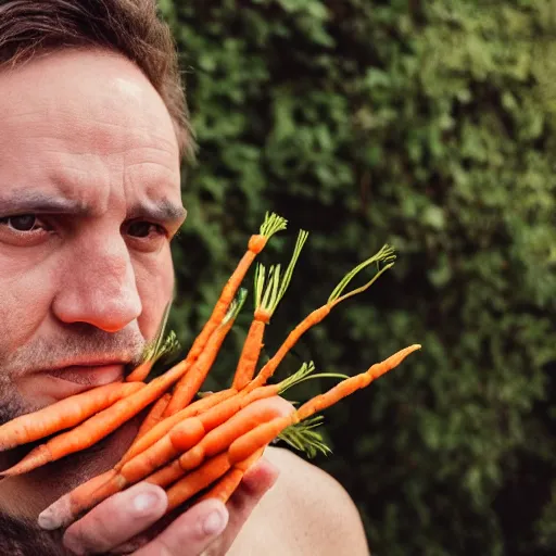 Image similar to photo of a man with carrots sticking out of eyes