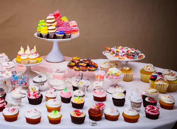 Prompt: a table with a white map full of sweets and cupcakes. highly detailed 8 k. intricate. nikon d 8 5 0 3 0 0 mm. award winning photography.