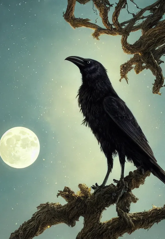 Image similar to crow on tree in front of the full big moon, highly detailed, digital painting, artstation, concept art, smooth, sharp focus, illustration, Unreal Engine 5, 8K, art by artgerm and greg rutkowski and alphonse mucha