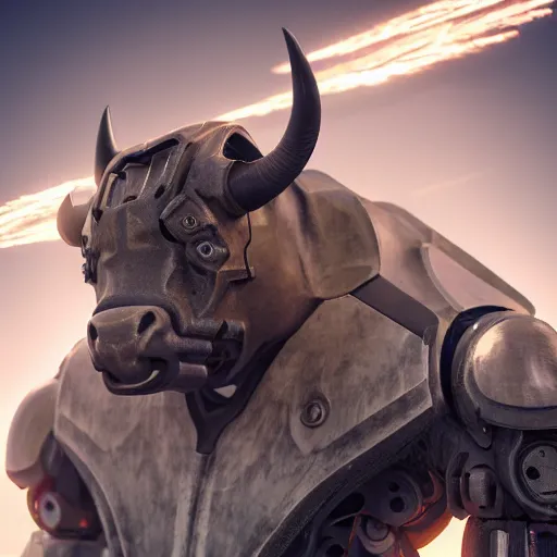 Prompt: a cyborg ( bull ) modeled after a bull looking into the camera, android, cyborg, full body shot, intricate, 3 d, hyper realism, fantasy, depth of field, octane render, symmetrical, highly detailed, digital art, artstation, concept art, cinematic lighting, trending