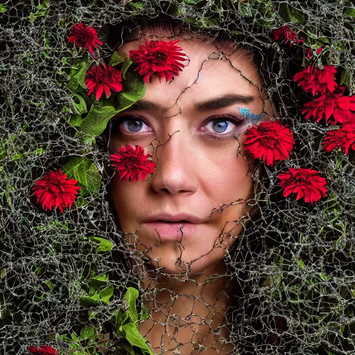 Image similar to closeup portrait of a woman wearing a hooded cloak made of zinnias and barbed wire, in a dark forest, by David LaChapelle, natural light, detailed face, CANON Eos C300, ƒ1.8, 35mm, 8K, medium-format print