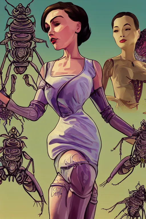 Image similar to bugs lady, with body full of bugs, cleanest posse, cleanest content, reduce duplication, justify, realistic parallel content, hyperrealistic anatomy, violet polsangi pop art, gta chinatown wars art style, bioshock infinite art style, incrinate, rgba color, white frame, balance proportion content