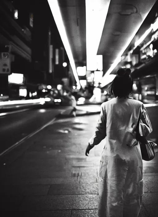 Image similar to symmetry!! a 2 8 mm photo from the back of a woman in tokyo, seen from a distance, long exposure, splash art, movie still, bokeh, canon 5 0 mm, cinematic lighting, dramatic, film, photography, golden hour, depth of field, award - winning, anamorphic lens flare, 8 k, hyper detailed, 3 5 mm film grain