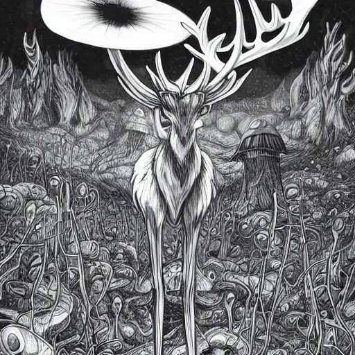 Image similar to 4 k headshot portrait of a psychedelic demonic anthropomorphic deer - horned wendigo smoking a hand - rolled cigarette smoking heavily, magic mushroom village in background. award winning. superb resolution. in the art style of junji ito and greg rutkowski. detailed mushroom city in background. hyper realistic anime. perfect art. dalle 2