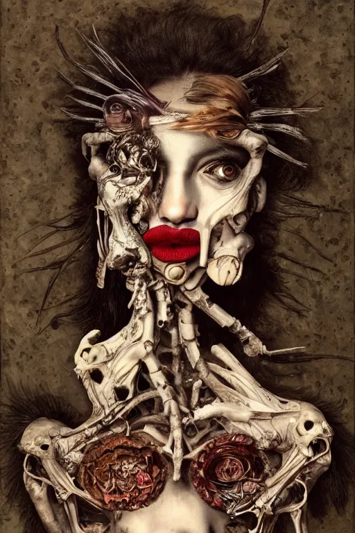 Image similar to Detailed maximalist portrait with large lips and with large, wide eyes, sad expression, extra bones, flesh, HD mixed media, 3D collage, highly detailed and intricate, surreal, illustration in the style of Caravaggio, dark art, baroque