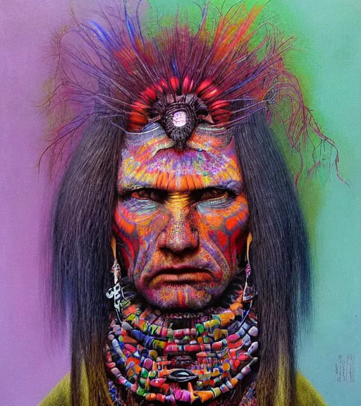 Image similar to Portrait painting in a style of Beksinski mixed with Alex Grey of an old shaman dressed in a colorful traditional clothes. Very psychodelic