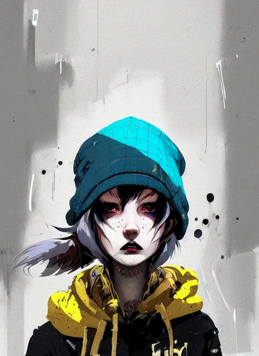 Image similar to highly detailed portrait of a sewer punk lady student, blue eyes, tartan hoody, hat, white hair by atey ghailan, by greg rutkowski, by greg tocchini, by james gilleard, by joe fenton, by kaethe butcher, gradient yellow, black, brown and cyan color scheme, grunge aesthetic!!! ( ( graffiti tag wall ) )