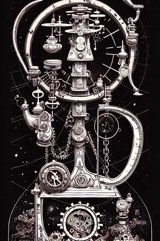 Prompt: a steampunk alchemists ancient balance scale, furniture, high details, bold line art, by vincent di fate and joe fenton, inking, etching, screen print, masterpiece, trending on artstation, sharp, high contrast, hyper - detailed,, hd, 4 k, 8 k