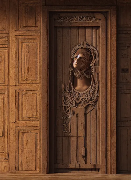 Image similar to a wooden womans faced carved into a wooden door, intricate Details, raphael lacoste, eddie mendoza, alex ross, john howe, concept art, matte painting, highly detailed, rule of thirds, dynamic lighting, cinematic, detailed, denoised, centerd, clean render