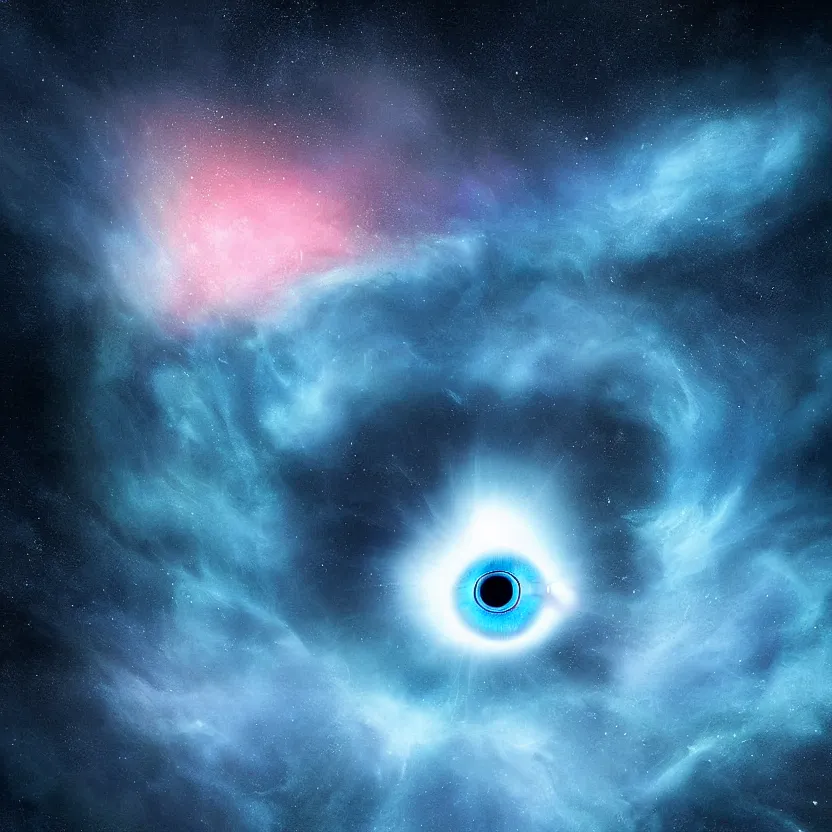 Prompt: blue evil eye floating in front of a nebula, digital art inspired by mikko lagerstedt, gilbert williams