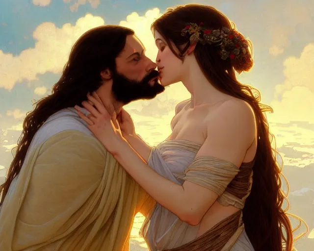 Prompt: photography of jesus kissing a sensual woman in jerusalem, deep focus,, intricate, elegant, highly detailed, digital painting, artstation, concept art, matte, sharp focus, illustration, art by artgerm and greg rutkowski and alphonse mucha