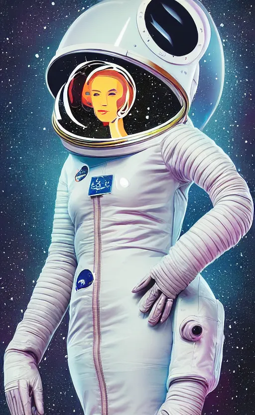 Image similar to portrait of an astronaut girl wearing helmet with tight latex dress by Petros Afshar and Beeple, highly detailed