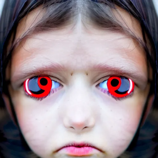 Image similar to A girl with huge red eyes, symmetrical