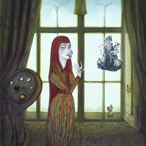 Image similar to a portrait of a woman standing infront of a window, she is happy and has lovely hair and eyes, a man is standing behind her with a look of suprise in his face, 8 k, lowbrow, in the style of daniel merriam and alexander jansson,
