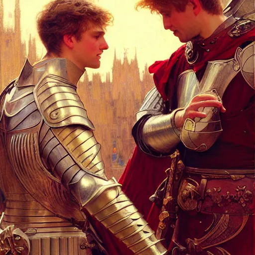 Image similar to attractive arthur pendragon and his attractive male knight, they are in love, natural lighting, path traced, highly detailed, high quality, digital painting, by gaston bussiere, craig mullins, alphonse mucha j. c. leyendecker