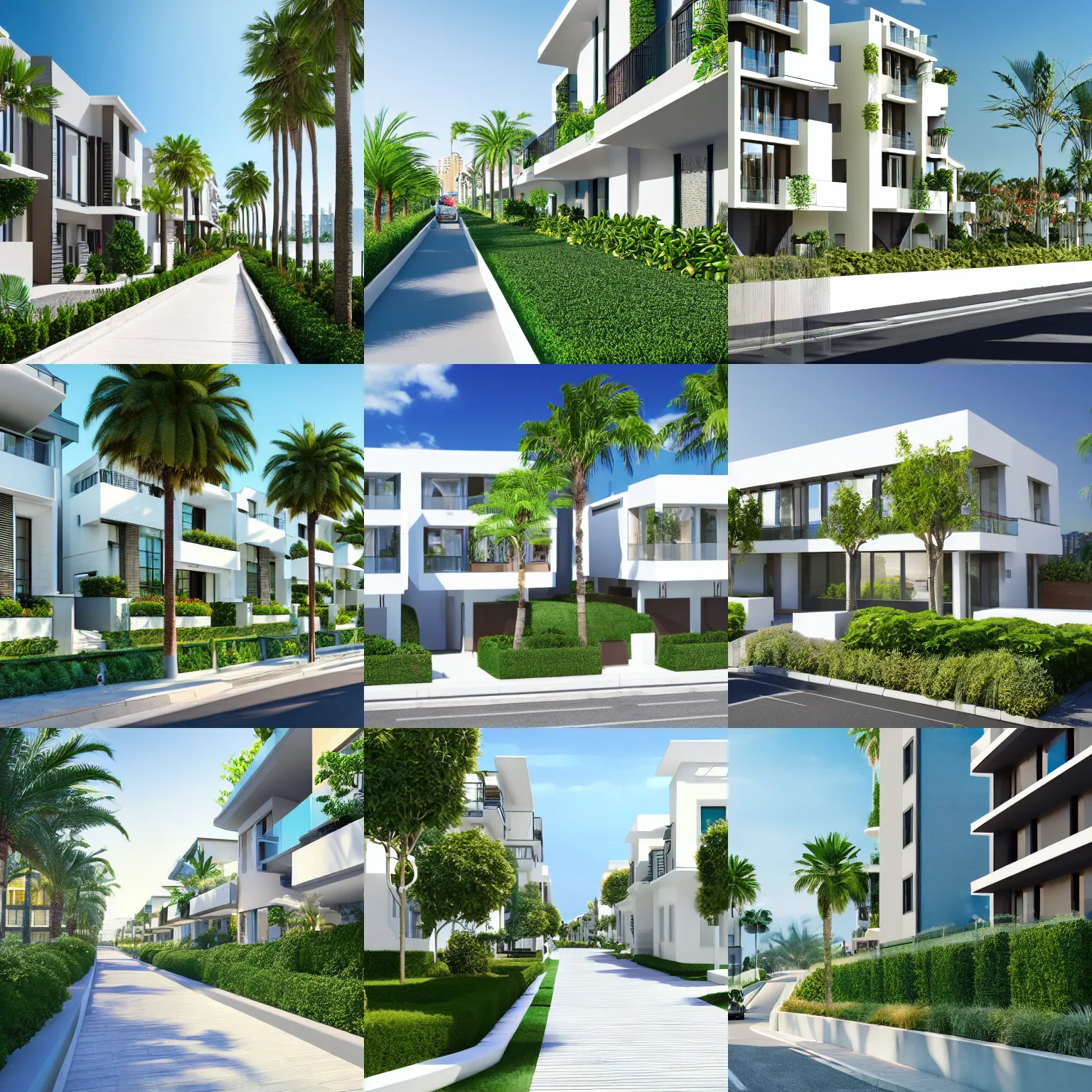 Prompt: render of a street with beautiful modern homes, designed for cozy aesthetics!, beachfront, monaco, energy efficiency and maximizing plants and greenery, cg render, sunny sky light, high resolution, professional