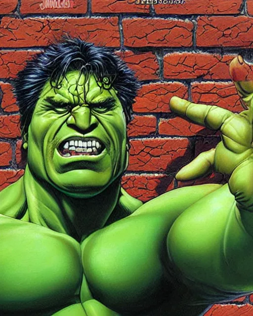 Image similar to a dynamic painting of the incredible hulk looking angry and breaking through a brick wall by joe jusko.