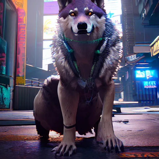 Image similar to 3d render of detective canis lupus wolf in cyberpunk 2077