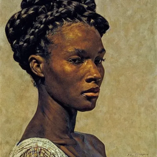 Prompt: A stunning masterful portrait of a beautiful African woman with braided hair by Andrew Wyeth and Norman Rockwell