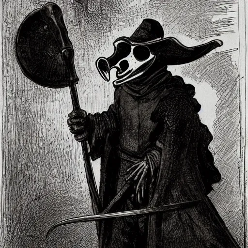 Prompt: plague doctor holding a huge scythe, plague doctor mask, fantasy. by rembrandt, illustration, higly detailed