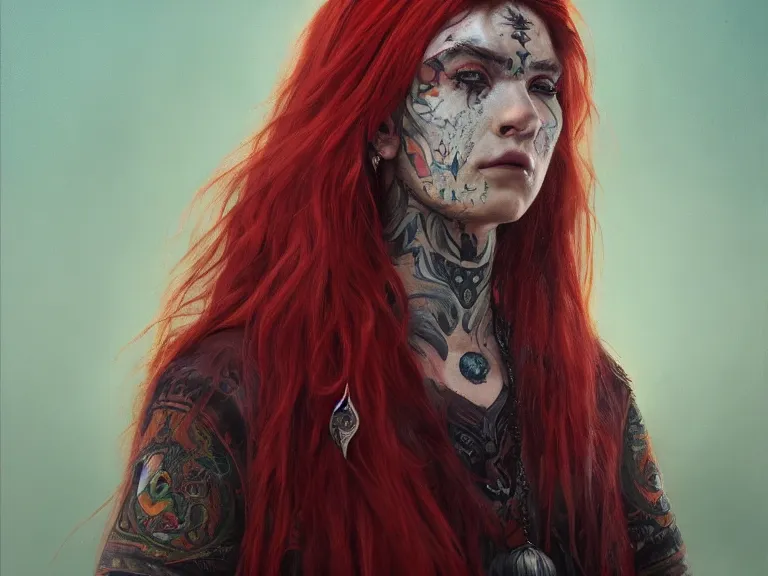 Prompt: a detailed portrait oil painting of a sad shaman girl with long red hair and face tattoos, cinematic, dramatic lighting, intricate artwork by eddie mendoza. Trending on artstation. 8k
