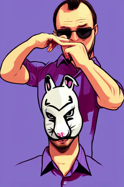 Image similar to man wearing an blouses with a bunny mask with one ear cut off. pop art, pixel, gta vice city art style, face features, body features, ultra realistic details, digital painting, concept art, smooth, sharp focus, illustration, intecrate details, elegant, confident posse, art by mark millar and richard hamilton and mimmo rottela