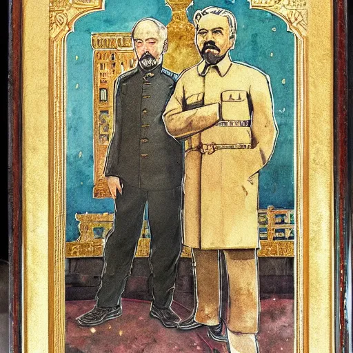 Image similar to lenin and stalin. this watercolor and gold leaf work by the award - winning mangaka has a beautiful composition and intricate details