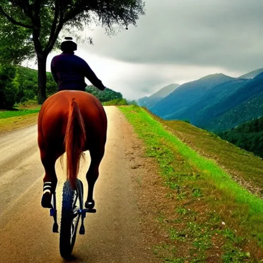 Prompt: horse on bicycle!, cycling!!, anthropomorphic!!, in the mountains, award winning photo,