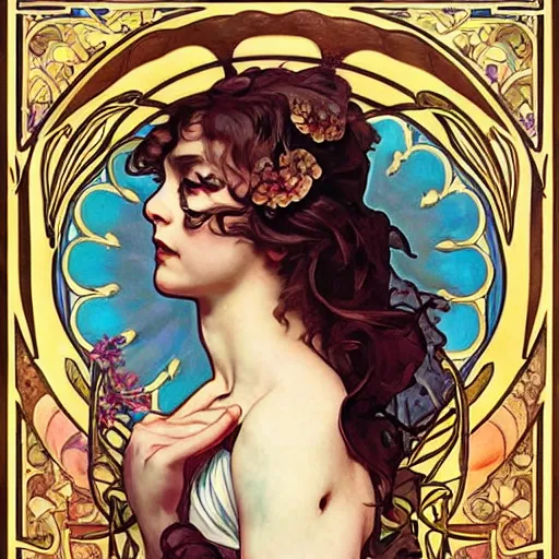 Image similar to an art nouveau painting in the style of mort kunstler, and in the style of charlie bowater, and in the style of alphonse mucha. floral patterns. gold leaf. symmetry, smooth, sharp focus, semi - realism, intricate detail.