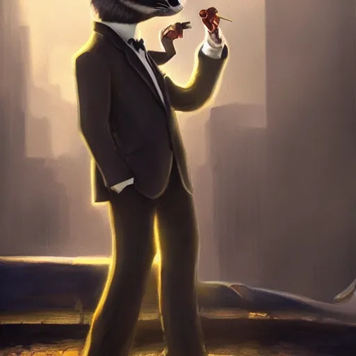 Image similar to a racoon wearing a suit smoking a cigar, dramatic lighting, cinematic, establishing shot, extremly high detail, photorealistic, cinematic lighting, artstation, style by James Gurney