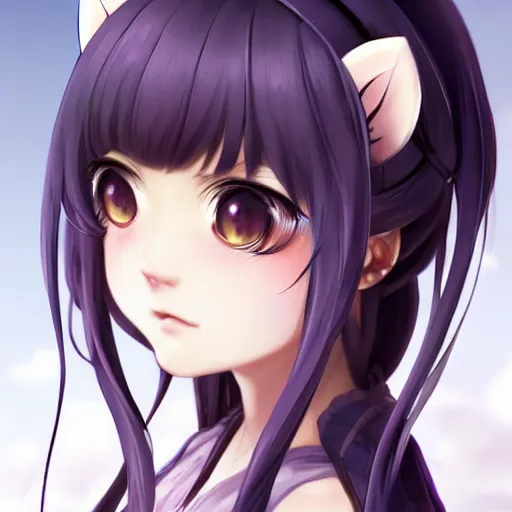 Image similar to nekopara fantastically detailed eyes cute girl portrait with fantastically detailed cat ears dressed like a cat modern anime style, made by Laica chrose, Mina Petrovic, Ross Tran, WLOP, Ruan Jia and Artgerm, Range Murata and William-Adolphe Bouguereau, Cell shading modern anime trending professional digital art unreal Engine Fantasy Illustration. award winning, Artstation, intricate details, realistic, Hyperdetailed, 8k resolution